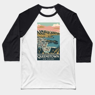 A Vintage Travel Art of Queenstown - New Zealand Baseball T-Shirt